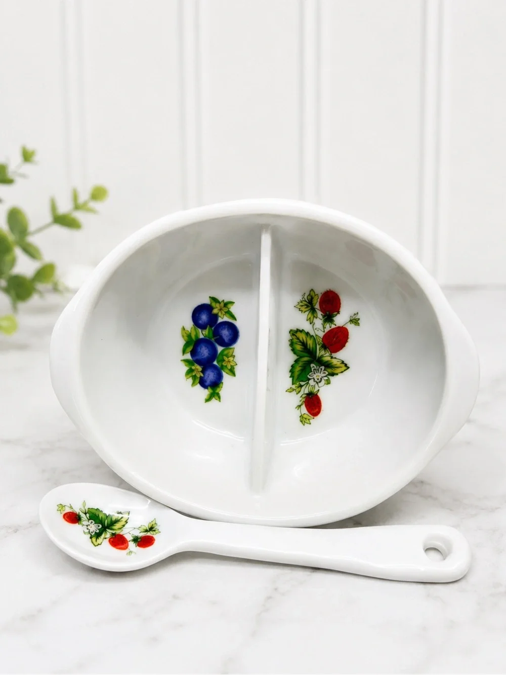 Vintage Made in Japan Porcelain Divided Berry Bowl & Spoon Hand Painted Fruit